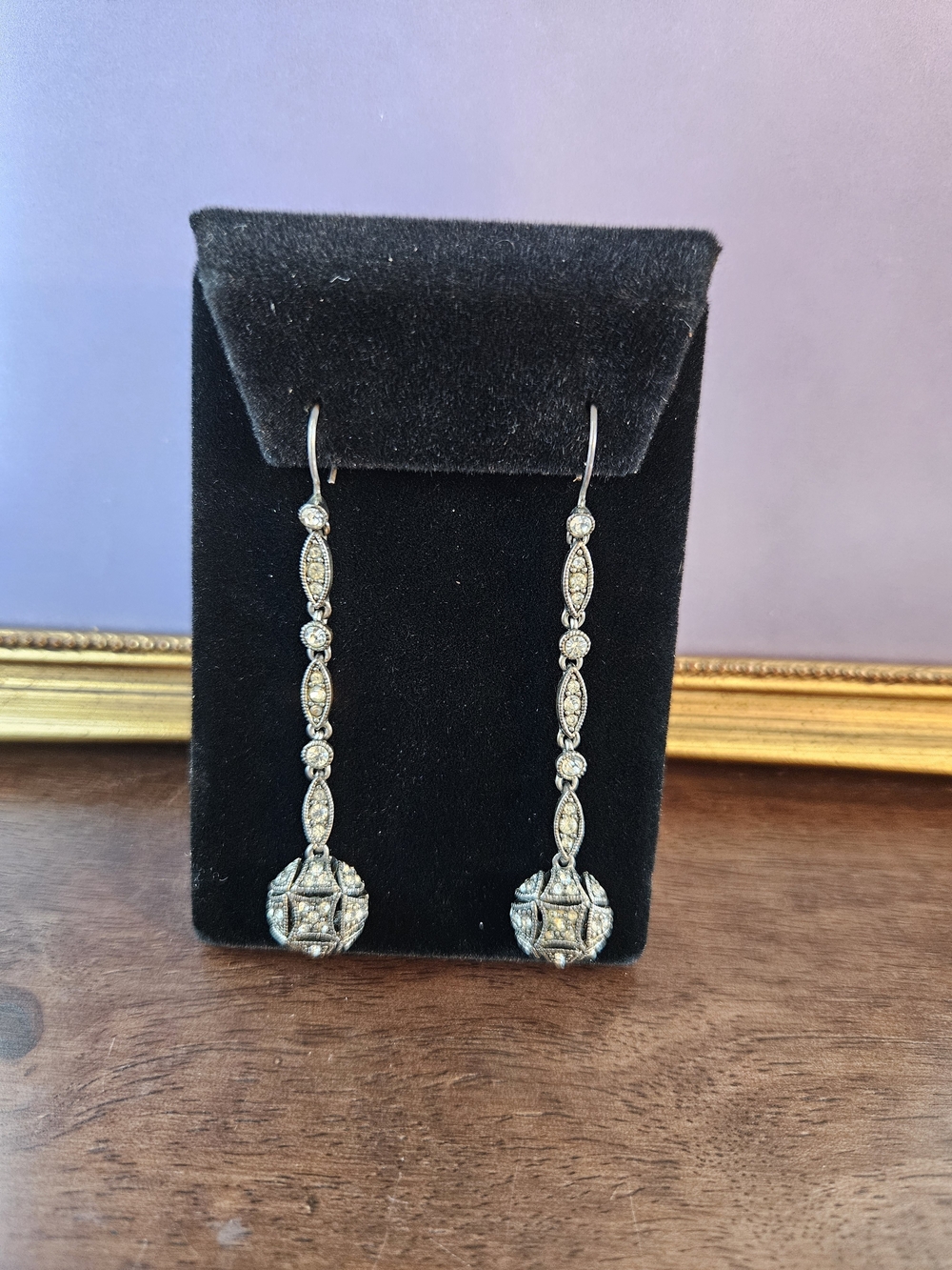 Vintage Monet Long Silver Drop Earrings with Clear Stones
